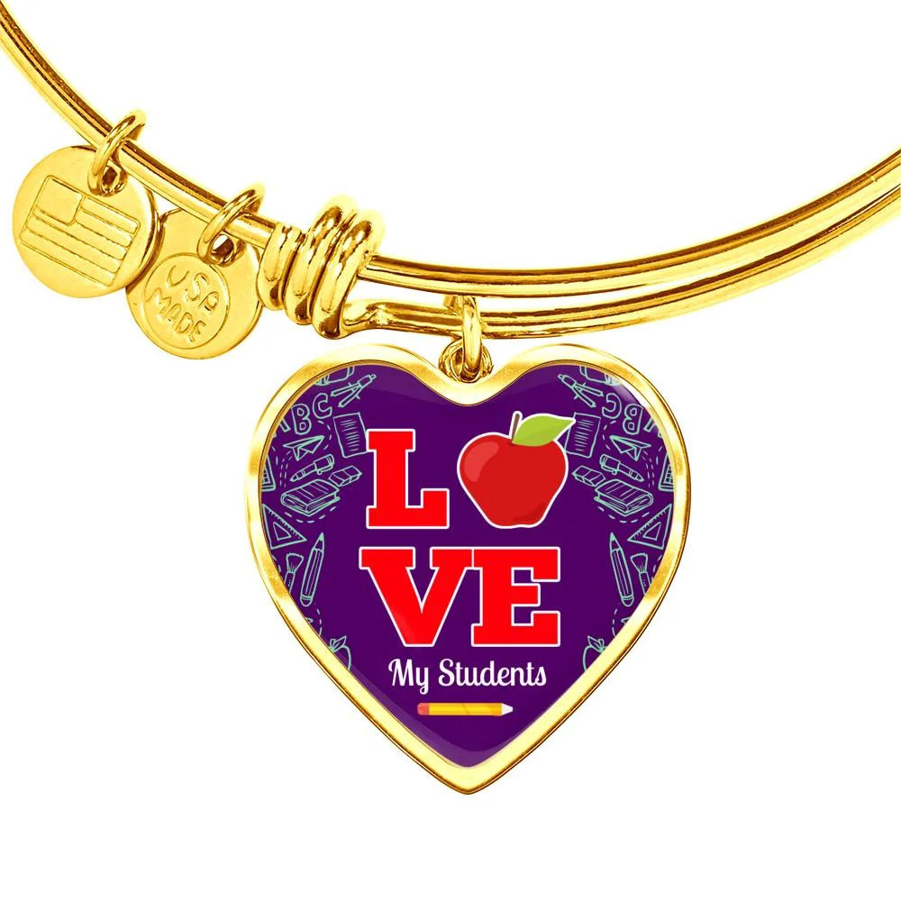 Love My Students Teacher Personalized Engraved Gold Heart Bangle Bracelet Custo